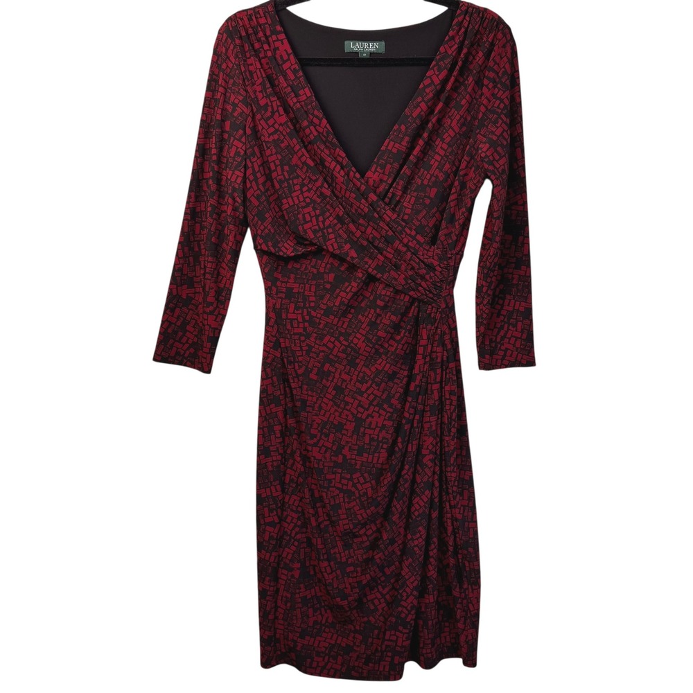Ralph Lauren Dress 10 Red Black Geometric Print‎ 3/4 Sleeve Faux Wrap Career - Picture 8 of 16